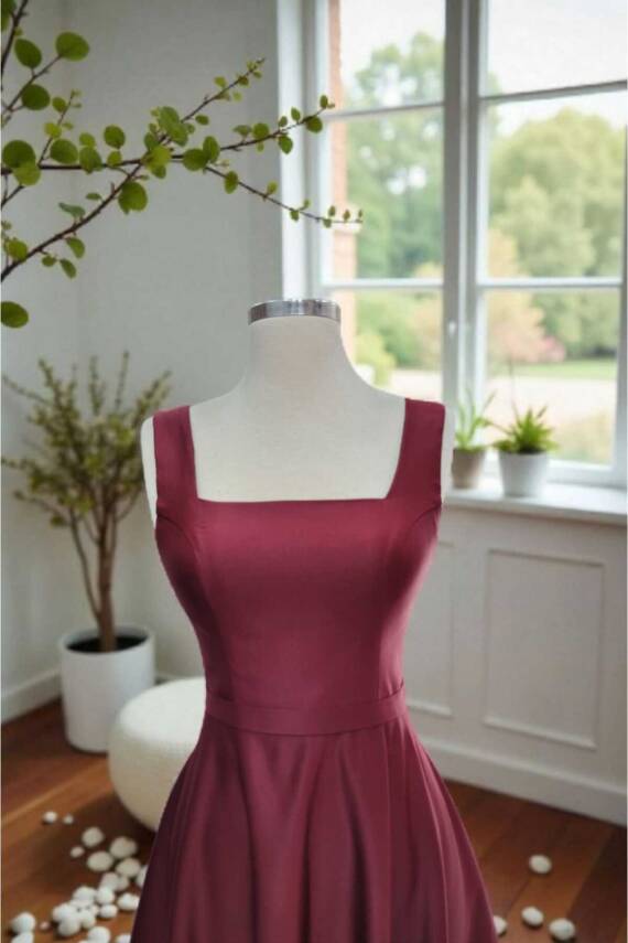 Bordo Kare Yaka Saten Abiye Elbise Midi Boy - 6