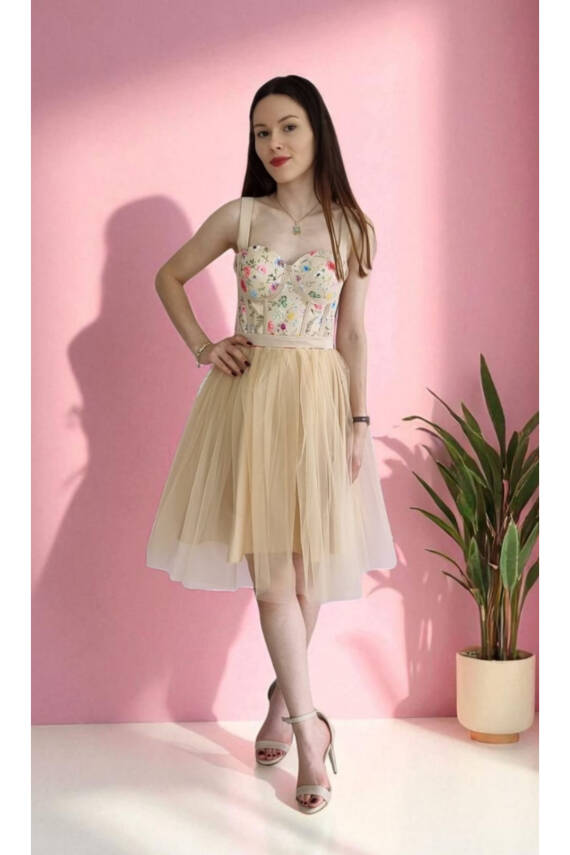 Çiçek Desenli Mini Abiye Ve Gece Elbisesi - 1