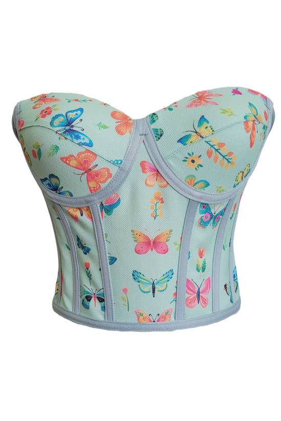 Green Butterfly Patterned Tie-Up Corset Bustier - 0