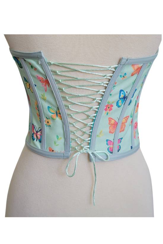 Green Butterfly Patterned Tie-Up Corset Bustier - 1