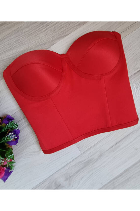 Kırmızı Balenli Saten Korse Büstiyer Hazır Beden - 1