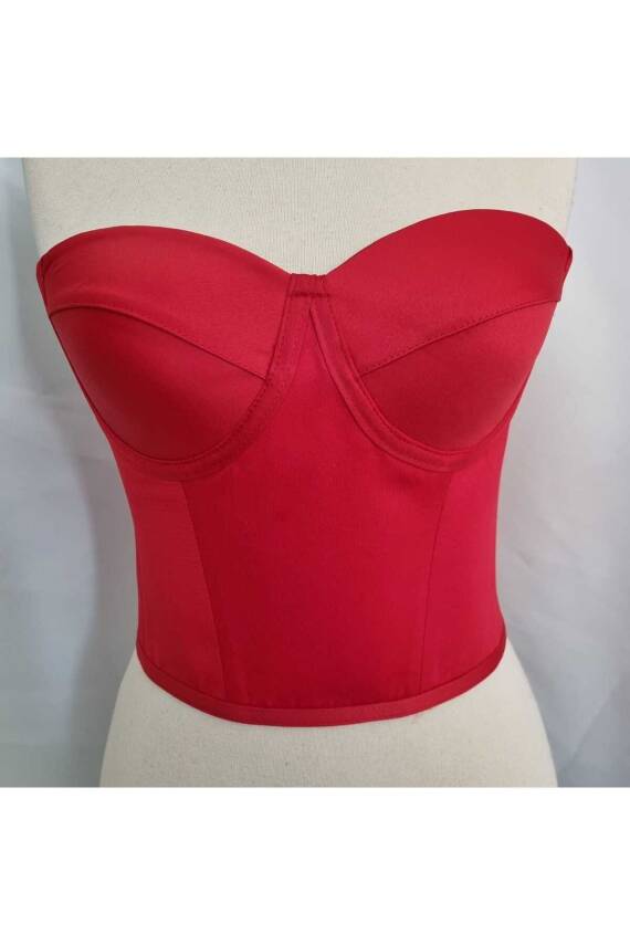 Kırmızı Balenli Saten Korse Büstiyer Hazır Beden - 4
