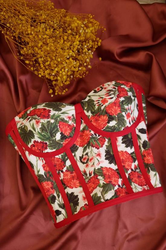 Red Floral Patterned Tie-Up Corset Bustier - 1