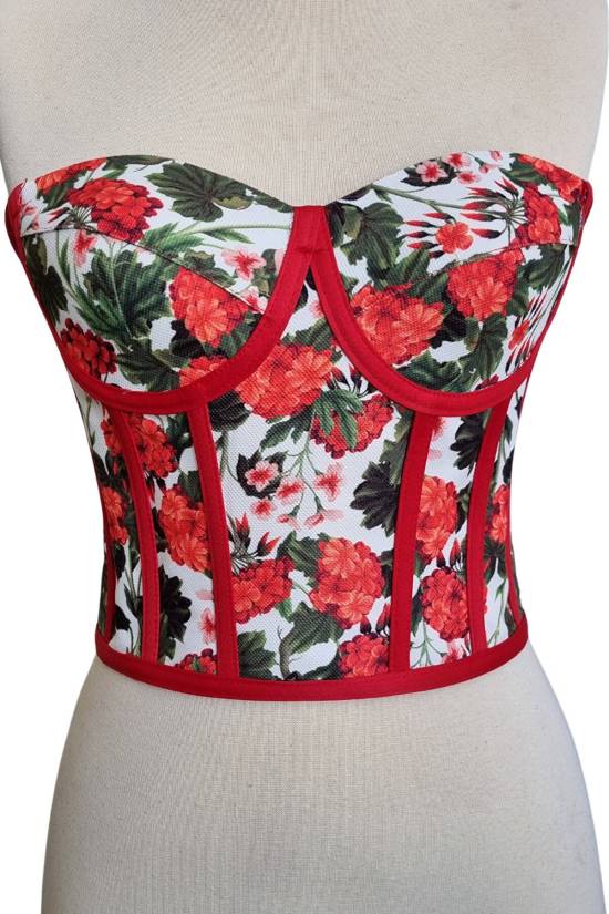 Red Floral Patterned Tie-Up Corset Bustier - 2