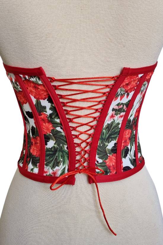 Red Floral Patterned Tie-Up Corset Bustier - 3