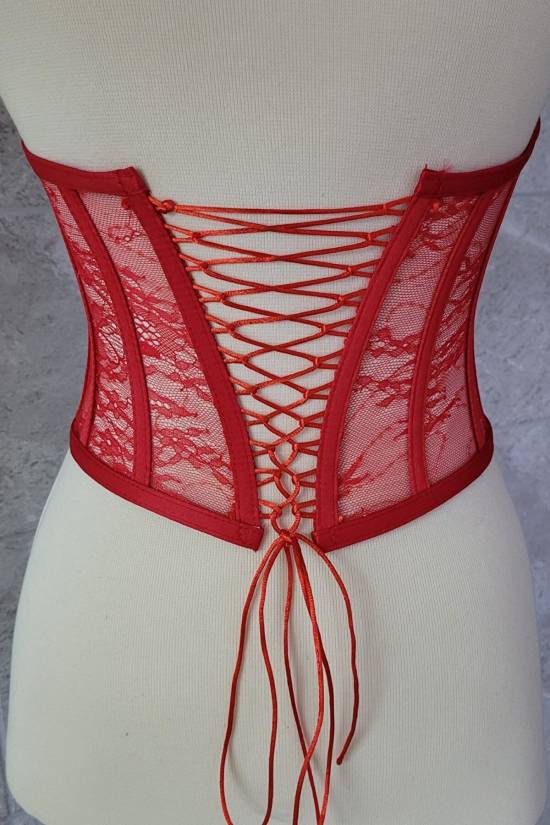 Red LaceTransparent Boned Tie-up Bustier - 2