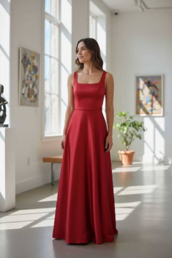 Kırmızı Kare Yaka Saten Abiye Elbise Maxi Boy - 9