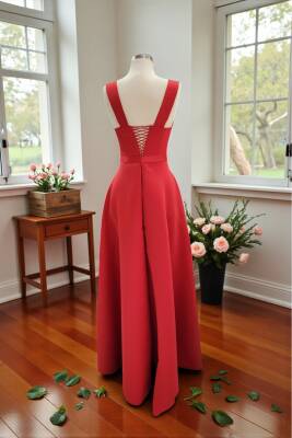 Kırmızı Kare Yaka Saten Abiye Elbise Maxi Boy - 14