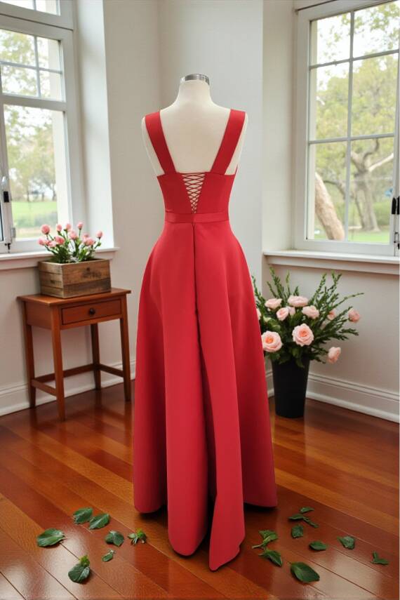 Kırmızı Kare Yaka Saten Abiye Elbise Maxi Boy - 14