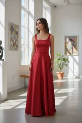 Kırmızı Kare Yaka Saten Abiye Elbise Maxi Boy