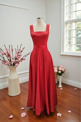 Kırmızı Kare Yaka Saten Abiye Elbise Maxi Boy - 4