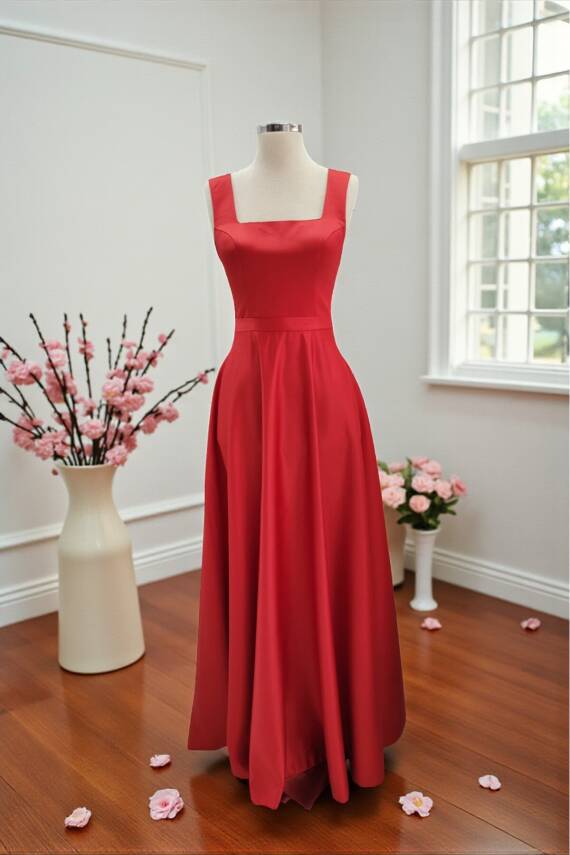 Kırmızı Kare Yaka Saten Abiye Elbise Maxi Boy - 4