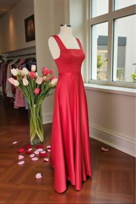 Kırmızı Kare Yaka Saten Abiye Elbise Maxi Boy - 5