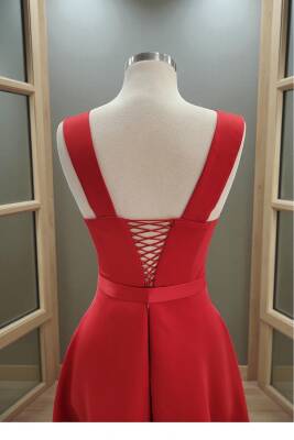 Kırmızı Kare Yaka Saten Abiye Elbise Maxi Boy - 8