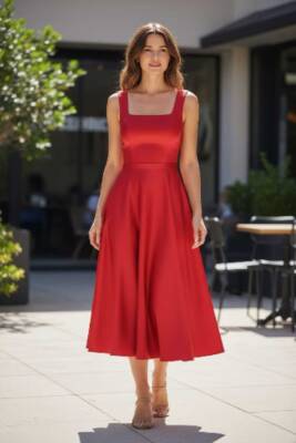 Kırmızı Kare Yaka Saten Abiye Elbise Midi Boy - 7