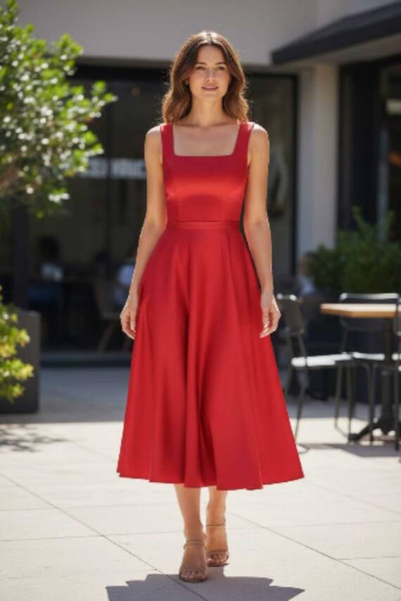 Kırmızı Kare Yaka Saten Abiye Elbise Midi Boy - 7