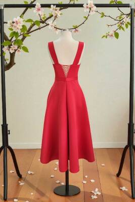 Kırmızı Kare Yaka Saten Abiye Elbise Midi Boy - 11