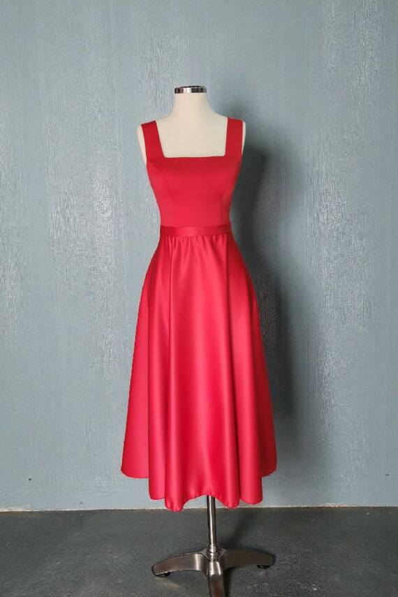 Kırmızı Kare Yaka Saten Abiye Elbise Midi Boy - 2