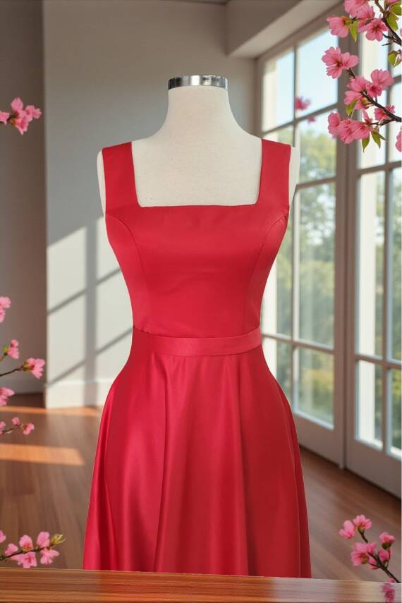 Kırmızı Kare Yaka Saten Abiye Elbise Midi Boy - 4