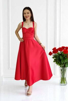 Kırmızı Midi Boy Saten Gece ve Mezuniyet Elbisesi - 2