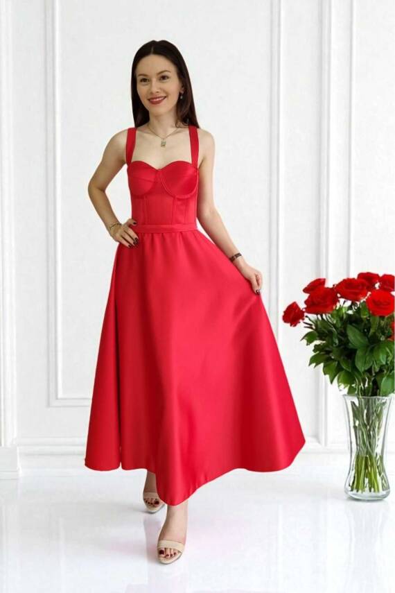 Kırmızı Midi Boy Saten Gece ve Mezuniyet Elbisesi - 2