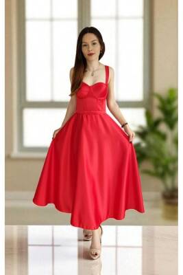 Kırmızı Midi Boy Saten Gece ve Mezuniyet Elbisesi - 3