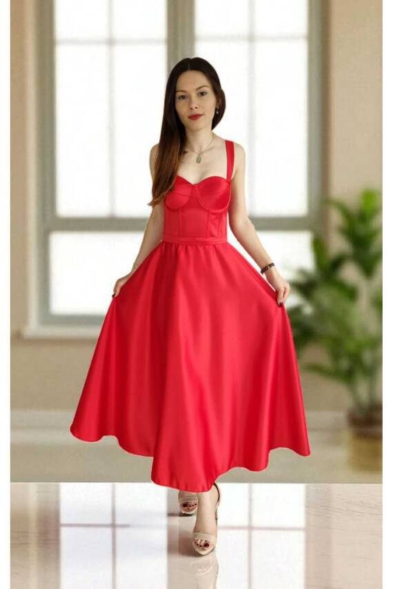 Kırmızı Midi Boy Saten Gece ve Mezuniyet Elbisesi - 3
