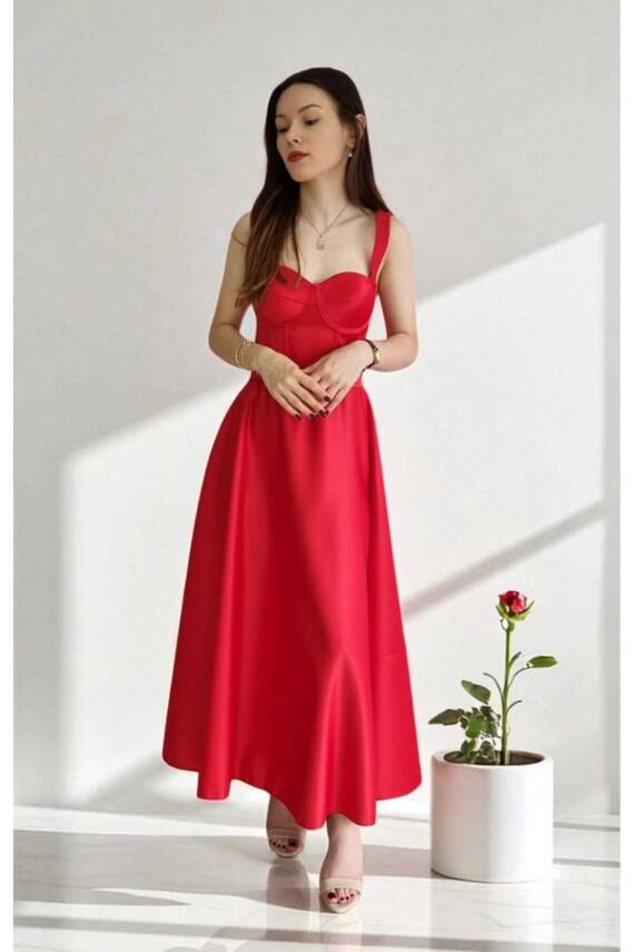 Kırmızı Midi Boy Saten Gece ve Mezuniyet Elbisesi - 5
