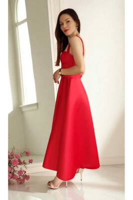 Kırmızı Midi Boy Saten Gece ve Mezuniyet Elbisesi - 6