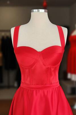 Kırmızı Midi Boy Saten Gece ve Mezuniyet Elbisesi - 7