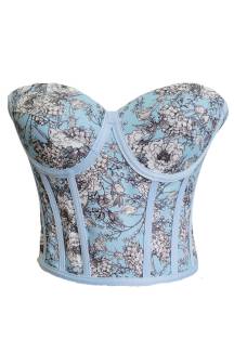 Bird and Flower Patterned Tie-Up Corset Bustier