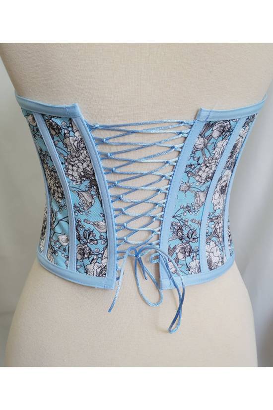 Bird and Flower Patterned Tie-Up Corset Bustier - 1