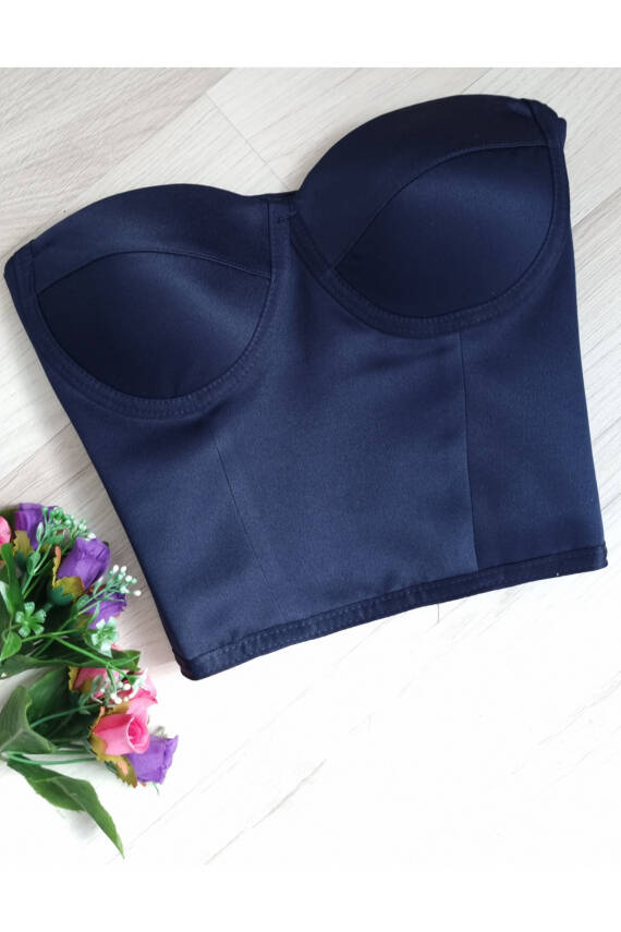 Lacivert Bağlamalı Saten Korse Büstiyer Hazır Beden - 1