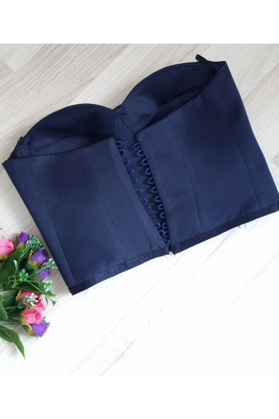 Lacivert Bağlamalı Saten Korse Büstiyer Hazır Beden - 3