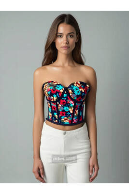 Lacivert Çiçek Desen Viskon Bağlamalı Korse Büstiyer