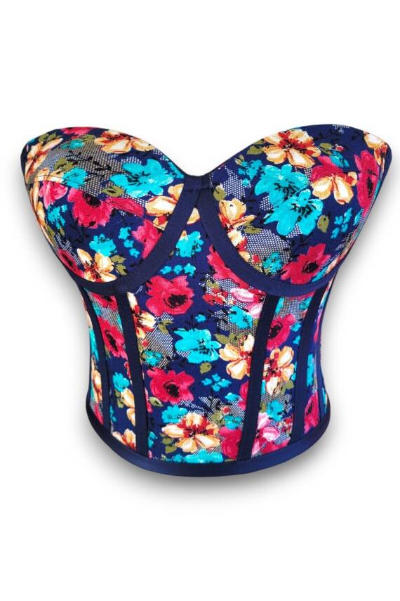 Lacivert Çiçek Desen Viskon Bağlamalı Korse Büstiyer - 3