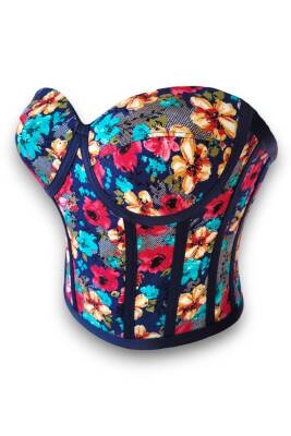 Lacivert Çiçek Desen Viskon Bağlamalı Korse Büstiyer - 5