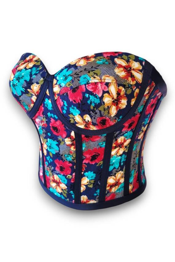 Lacivert Çiçek Desen Viskon Bağlamalı Korse Büstiyer - 5