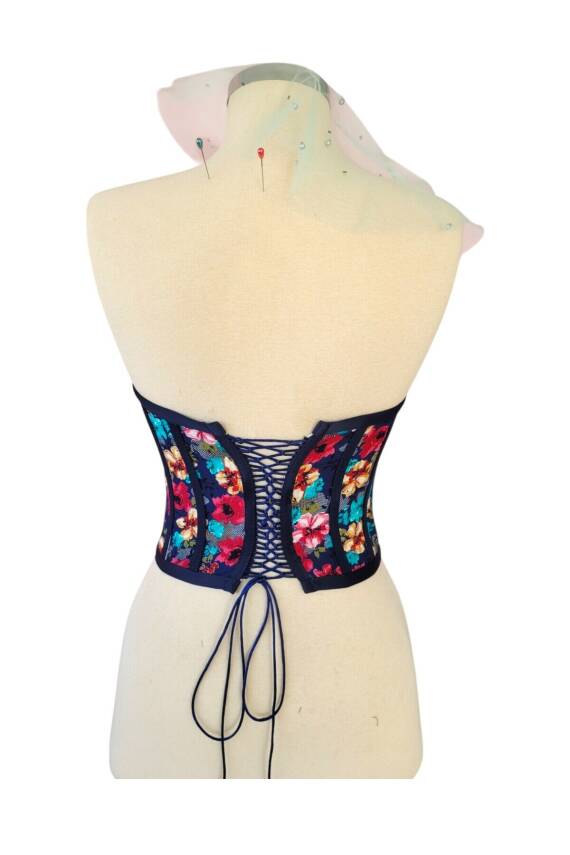 Lacivert Çiçek Desen Viskon Bağlamalı Korse Büstiyer - 6