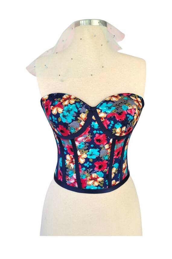 Lacivert Çiçek Desen Viskon Bağlamalı Korse Büstiyer - 7