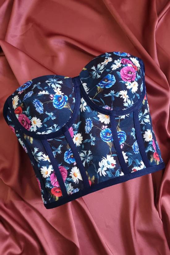 Navy Blue Floral Patterned Tie-Up Corset Bustier - 1