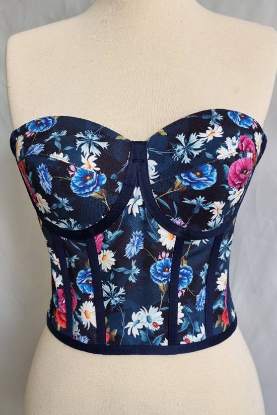 Navy Blue Floral Patterned Tie-Up Corset Bustier - 2