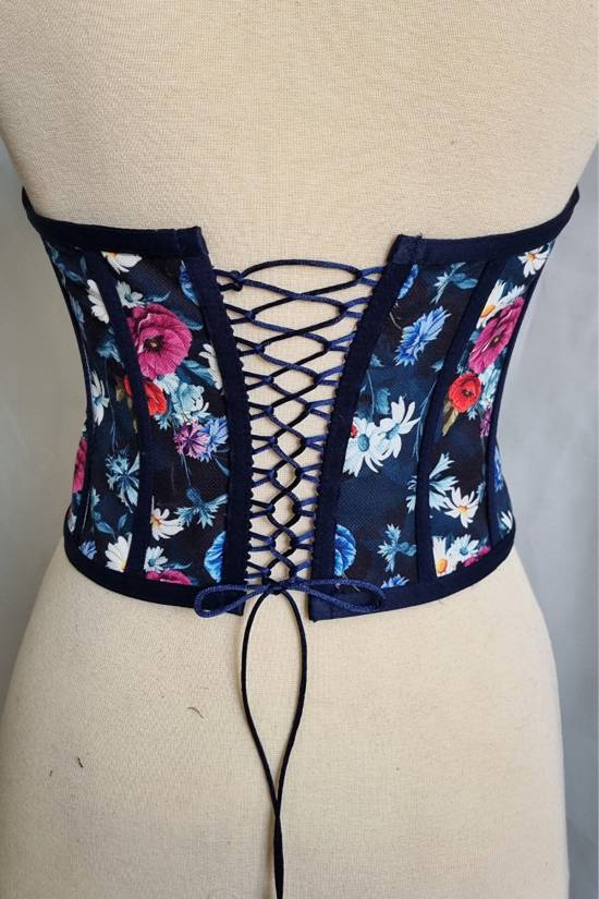 Navy Blue Floral Patterned Tie-Up Corset Bustier - 3