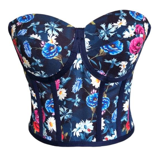 Navy Blue Floral Patterned Tie-Up Corset Bustier - 0