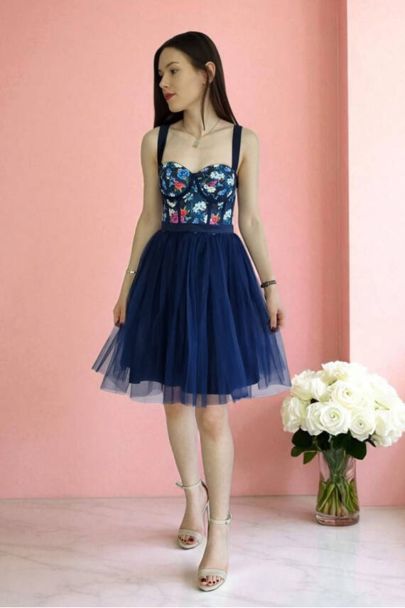 Lacivert Çiçek Desenli Mini Abiye Ve Gece Elbisesi - 1