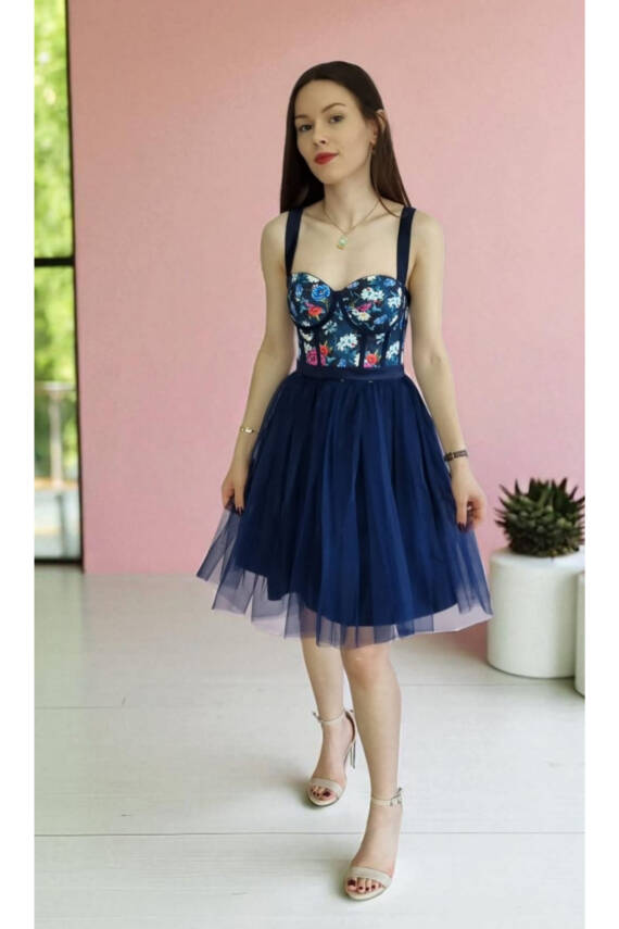 Lacivert Çiçek Desenli Mini Abiye Ve Gece Elbisesi - 3