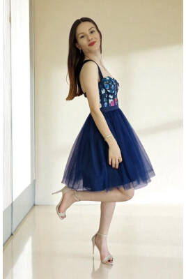 Lacivert Çiçek Desenli Mini Abiye Ve Gece Elbisesi - 4