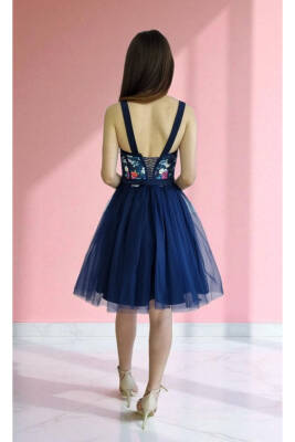 Lacivert Çiçek Desenli Mini Abiye Ve Gece Elbisesi - 5