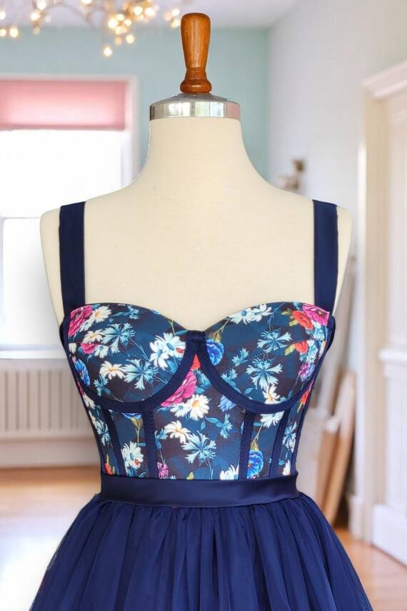 Lacivert Çiçek Desenli Mini Abiye Ve Gece Elbisesi - 6