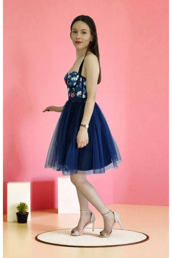 Lacivert Çiçek Desenli Mini Abiye Ve Gece Elbisesi - 7